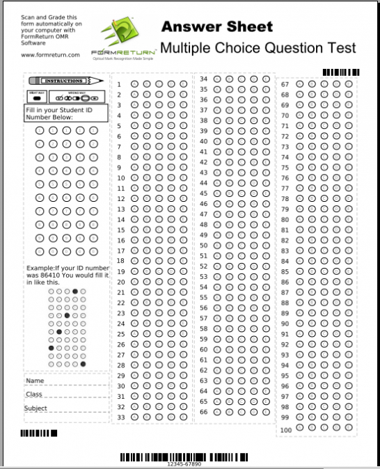 Blank Answer Sheet Template 1 100