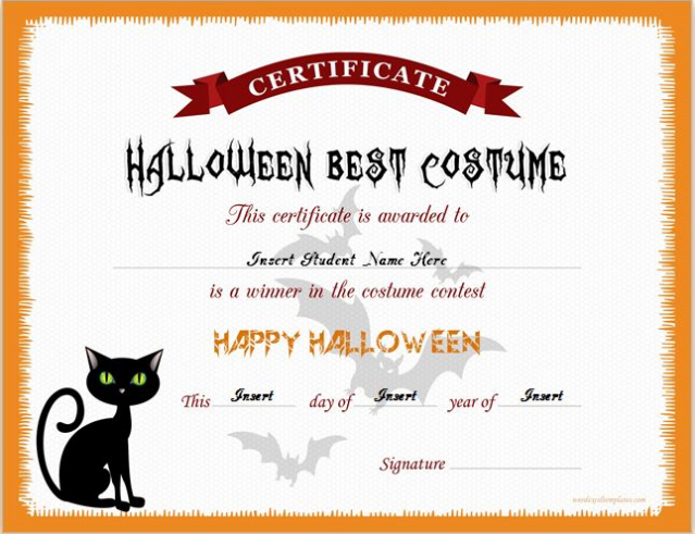 Halloween Best Costume Certificate Templates | Word & Excel Regarding Halloween Certificate Template