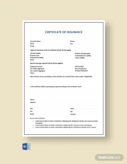 Insurance Certificate Template – 10+ Free Word, Pdf With Regard To Proof Of Insurance Card Template