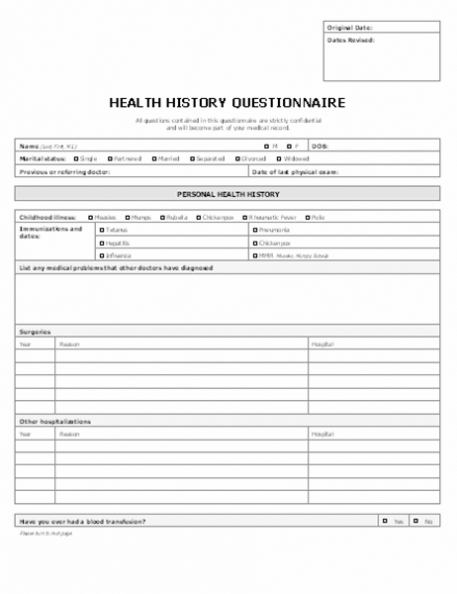 Patient Health History Questionnaire (4 Pages) For Medical History Template Word