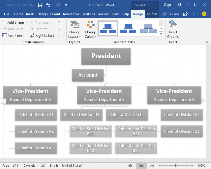 Using The Organizational Chart Tool – Microsoft Word 2016 Regarding Word Org Chart Template