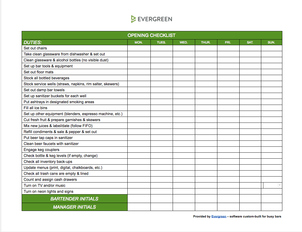 10 Bar Opening and Closing Procedures  Evergreen For Shift Checklist Template In Shift Checklist Template