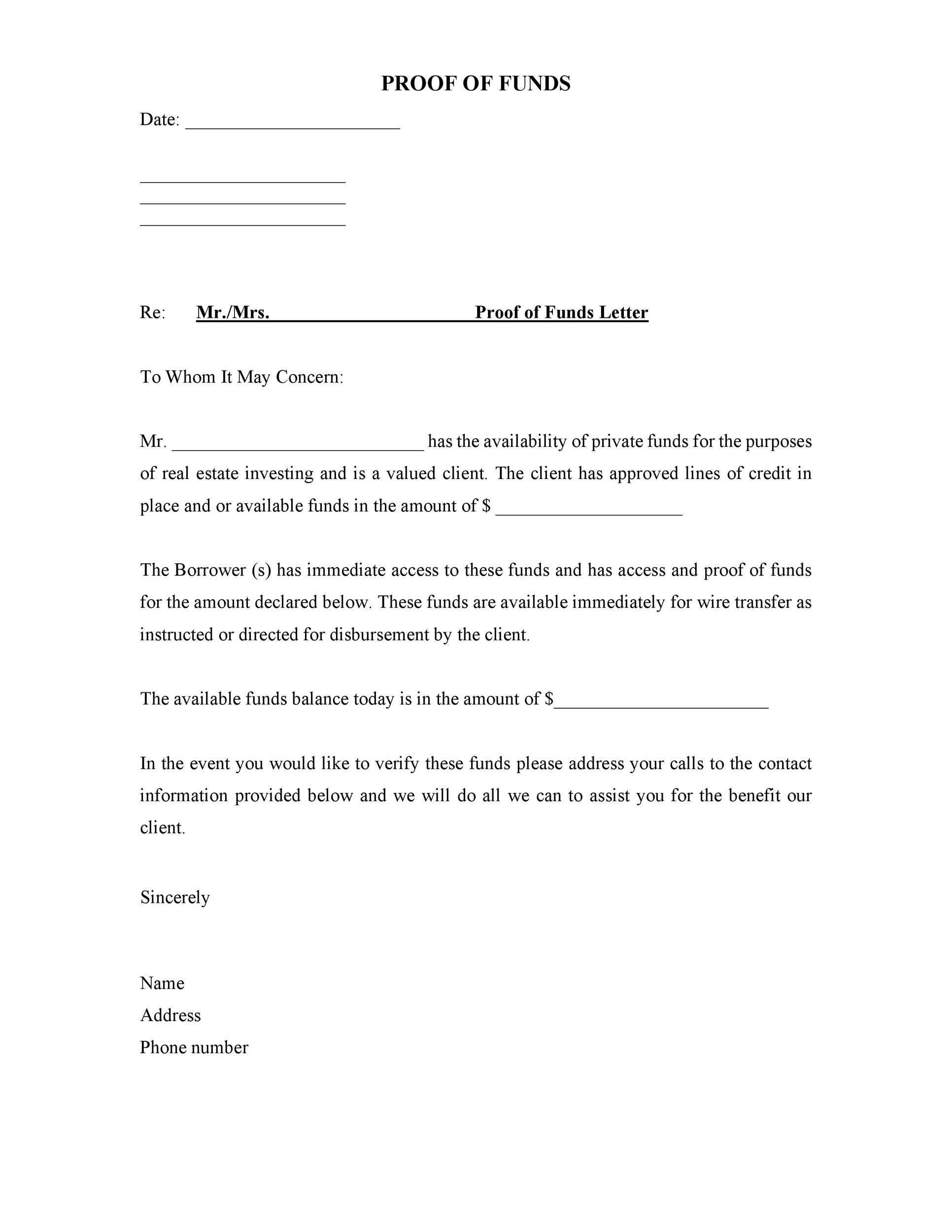 10 Best Proof Of Funds Letter Templates ᐅ TemplateLab For Proof Of Deposit Template