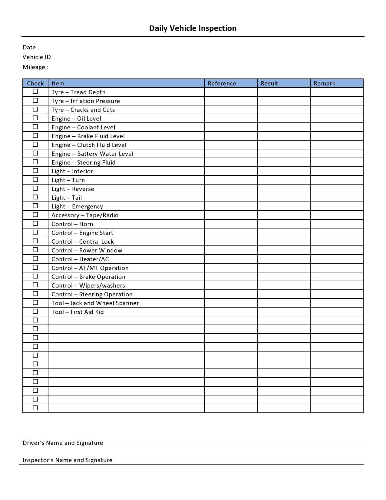 Fleet Vehicle Maintenance Checklist Template