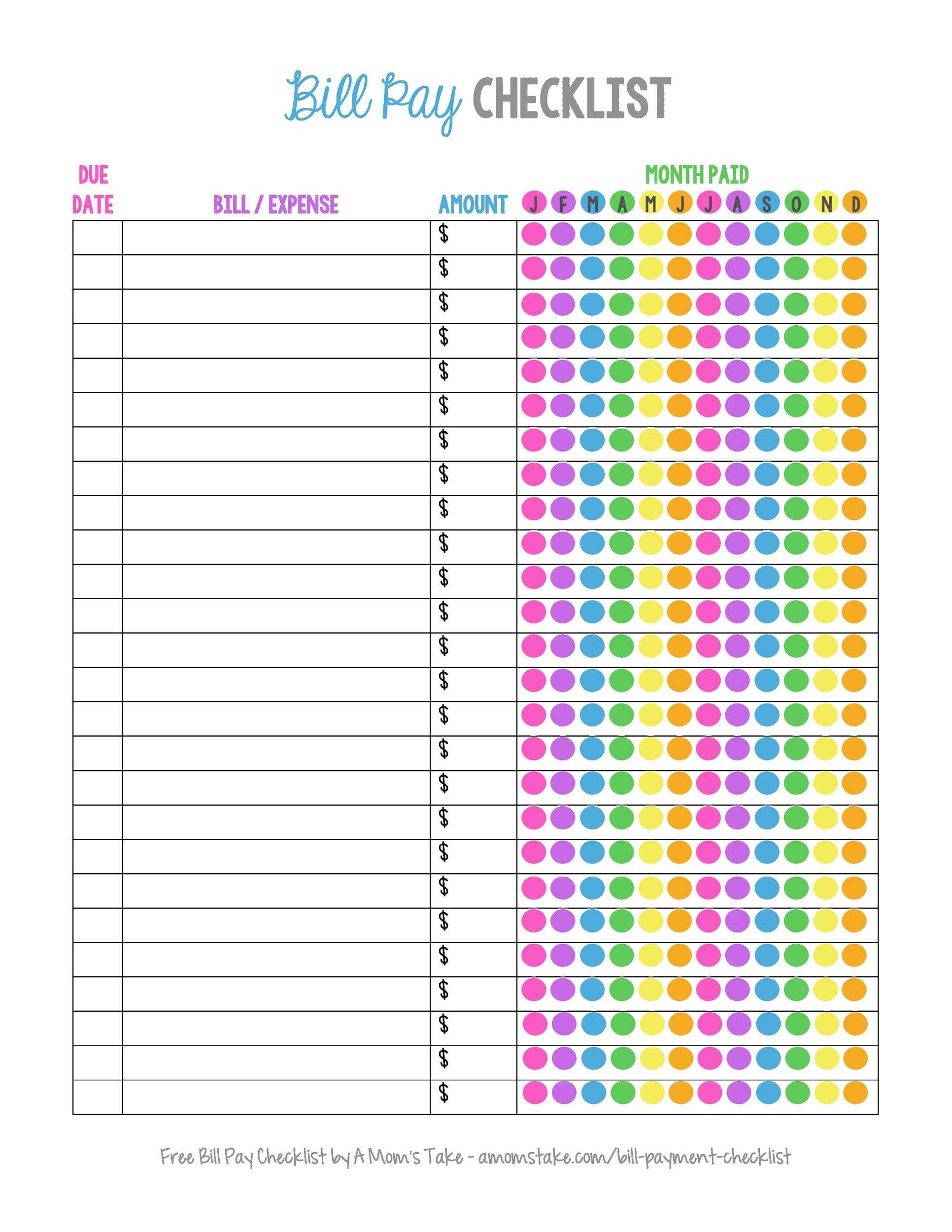 10 Free Bill Pay Checklists & Bill Calendars (PDF, Word & Excel) In Bill Payment Checklist Template