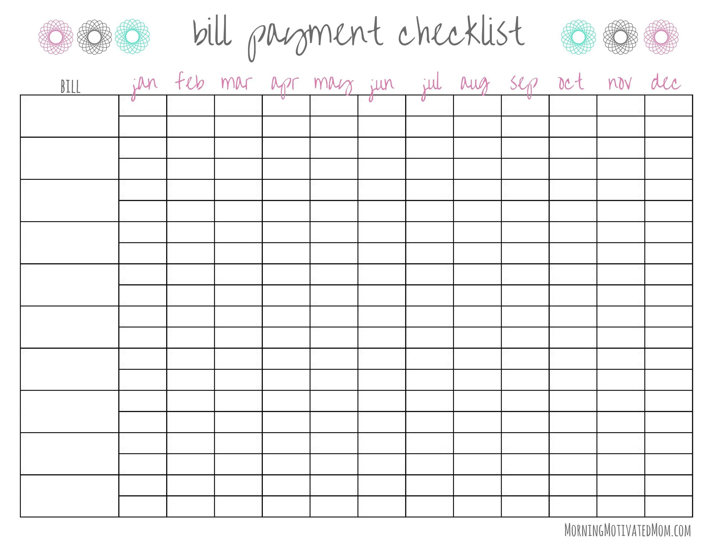 10 Free Bill Pay Checklists & Bill Calendars (PDF, Word & Excel) Regarding Payment Checklist Template Within Payment Checklist Template