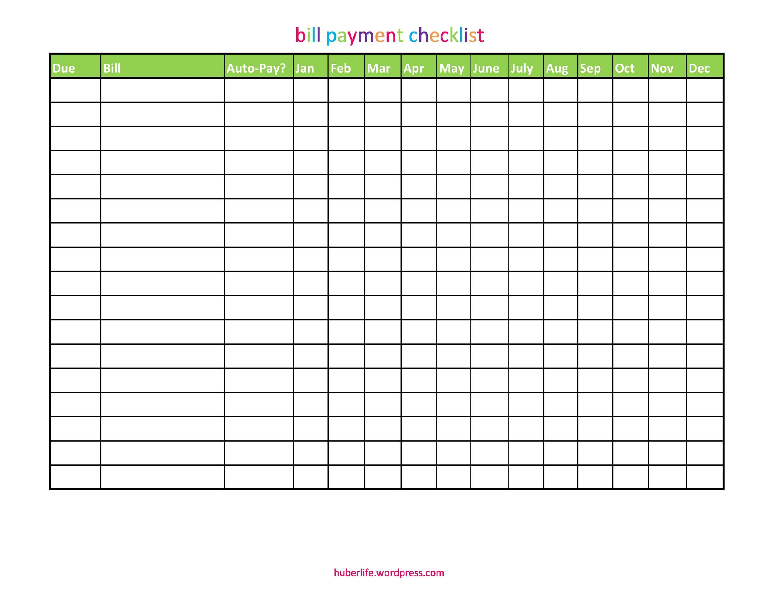 10 Free Bill Pay Checklists & Bill Calendars (PDF, Word & Excel) With Bill Payment Checklist Template