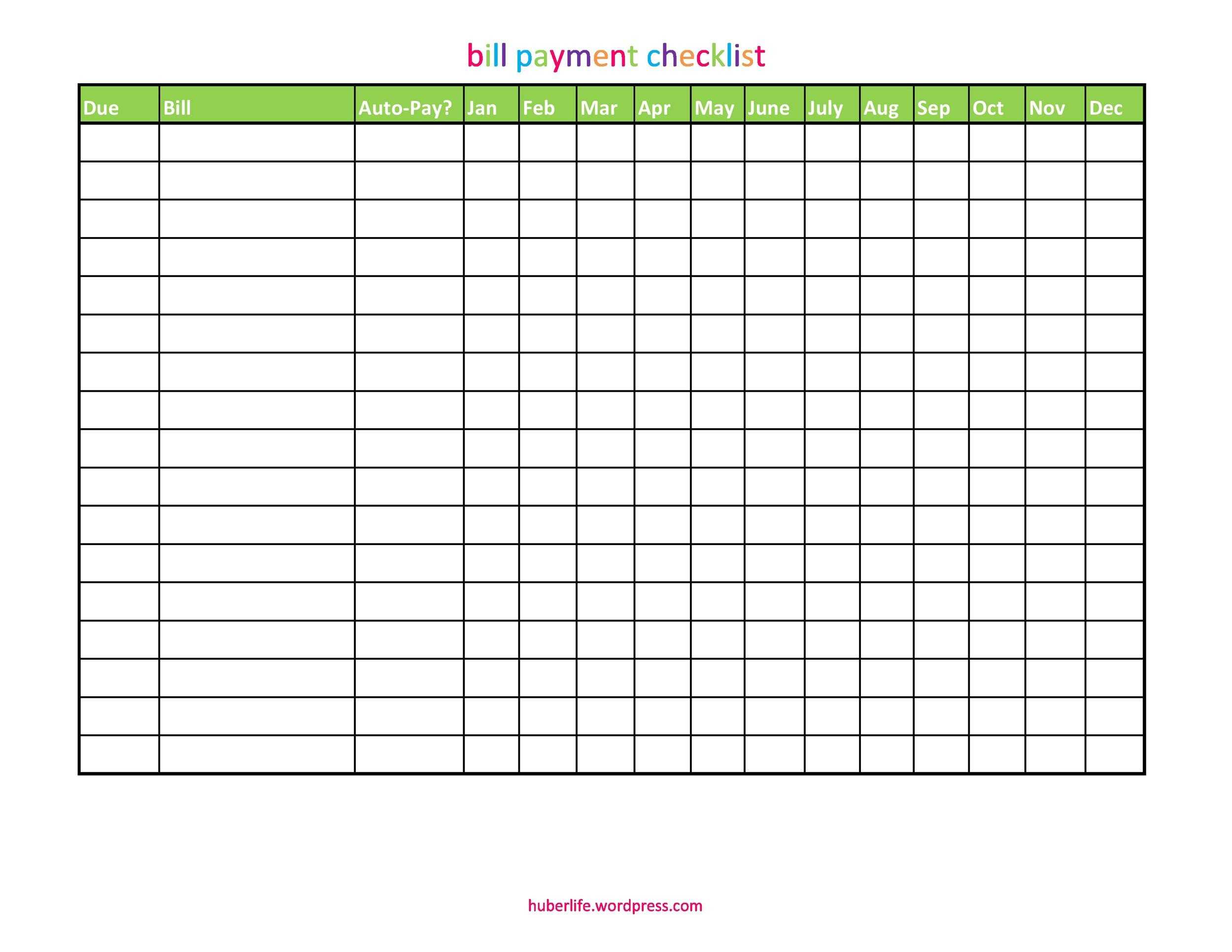 10 Free Bill Pay Checklists & Bill Calendars (PDF, Word & Excel) With Bill Payment Checklist Template