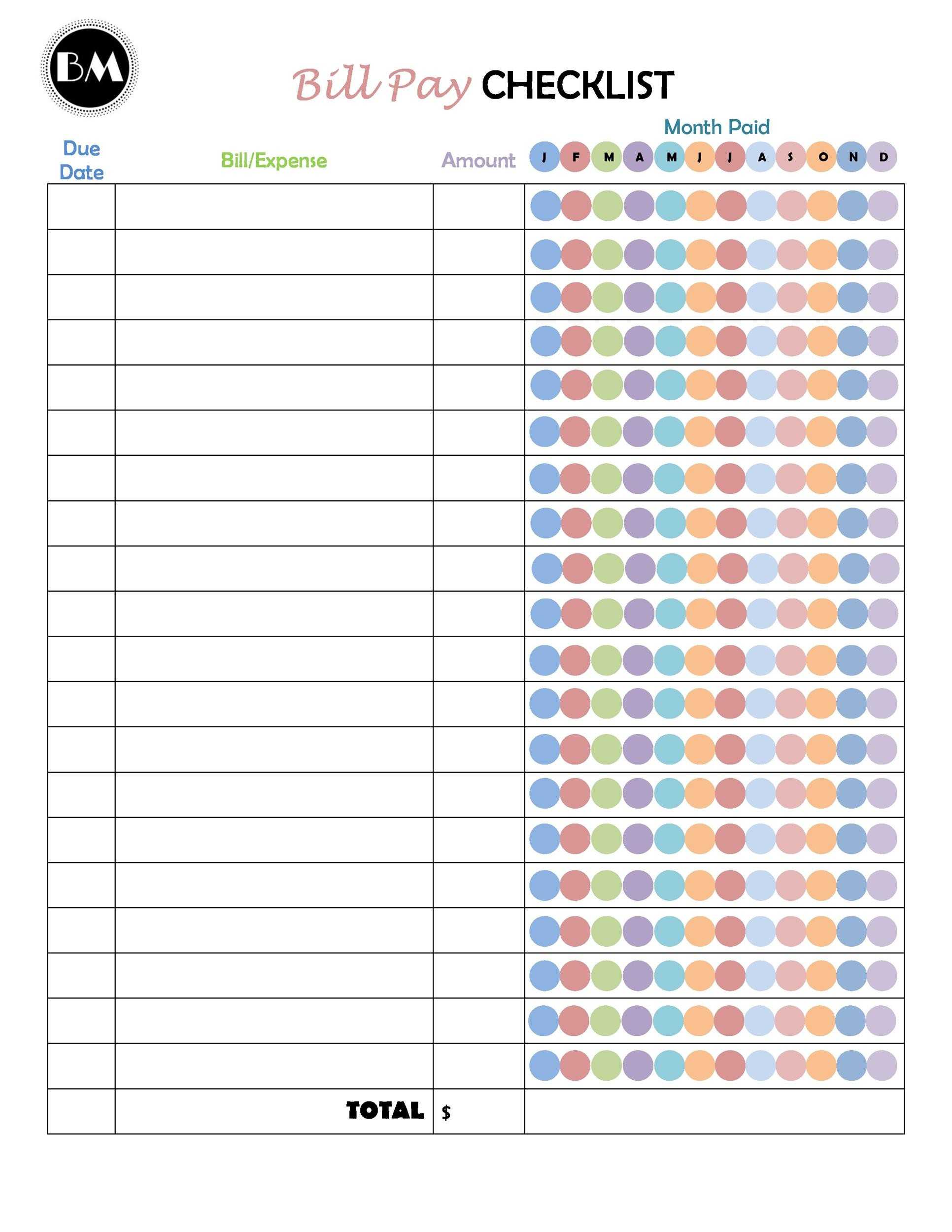 10 Free Bill Pay Checklists & Bill Calendars (PDF, Word & Excel) With Regard To Bill Payment Checklist Template