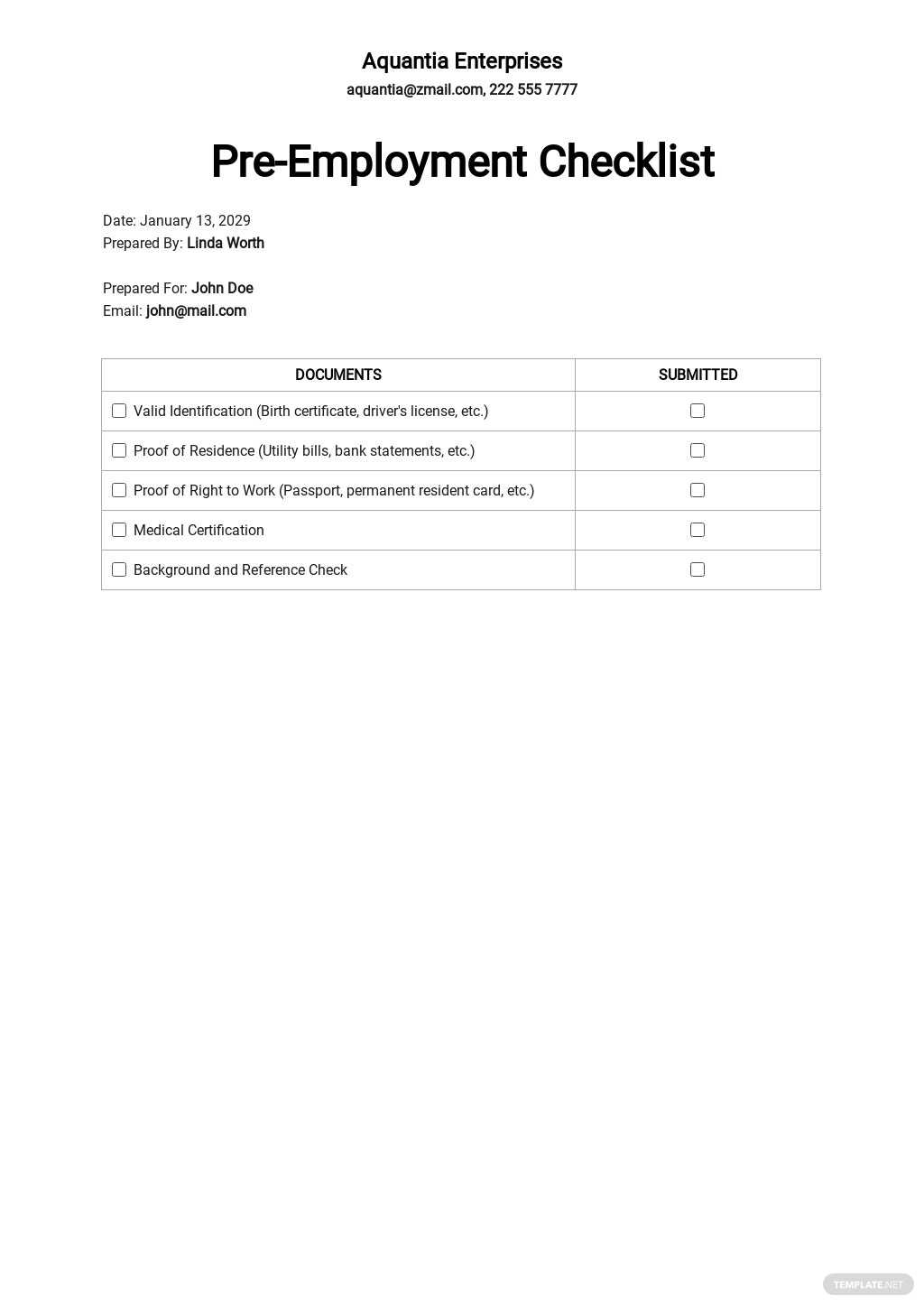 10+ FREE Employment Checklist Templates [Edit & Download  With Regard To Pre Employment Checklist Template Throughout Pre Employment Checklist Template