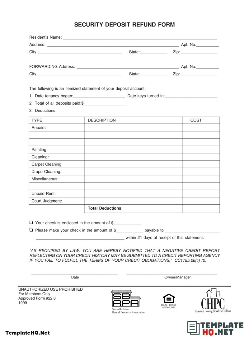 10 Free Security Deposit Return Form – Template Hq With Regard To Itemized Security Deposit Deduction Form