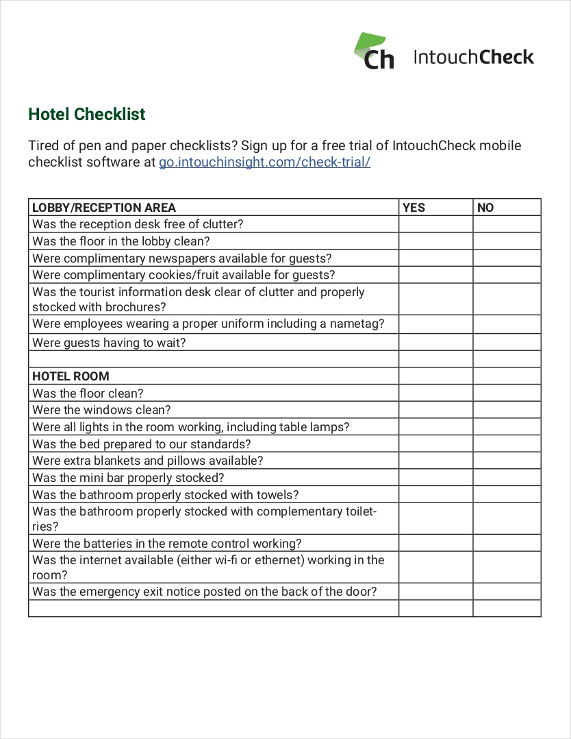 10+ Hotel Checklist Examples - PDF, Word  Examples Intended For Hotel Inspection Checklist Template Pertaining To Hotel Inspection Checklist Template