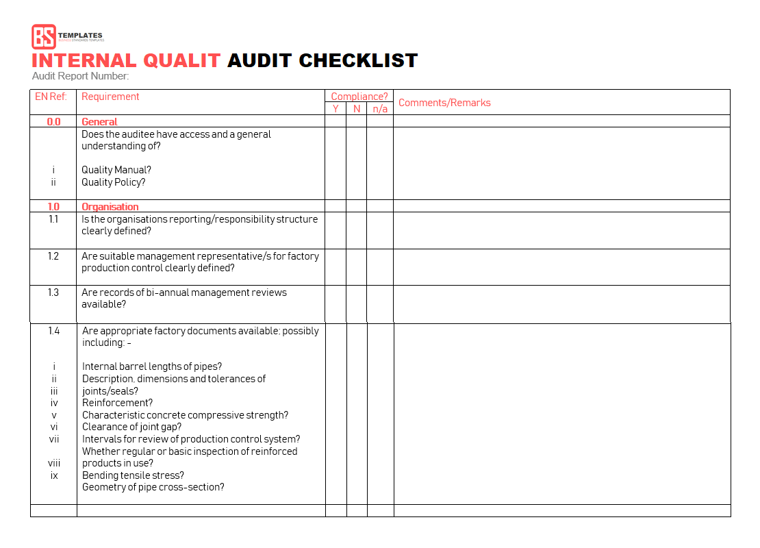 Internal Audit Quality Assurance Checklist Template