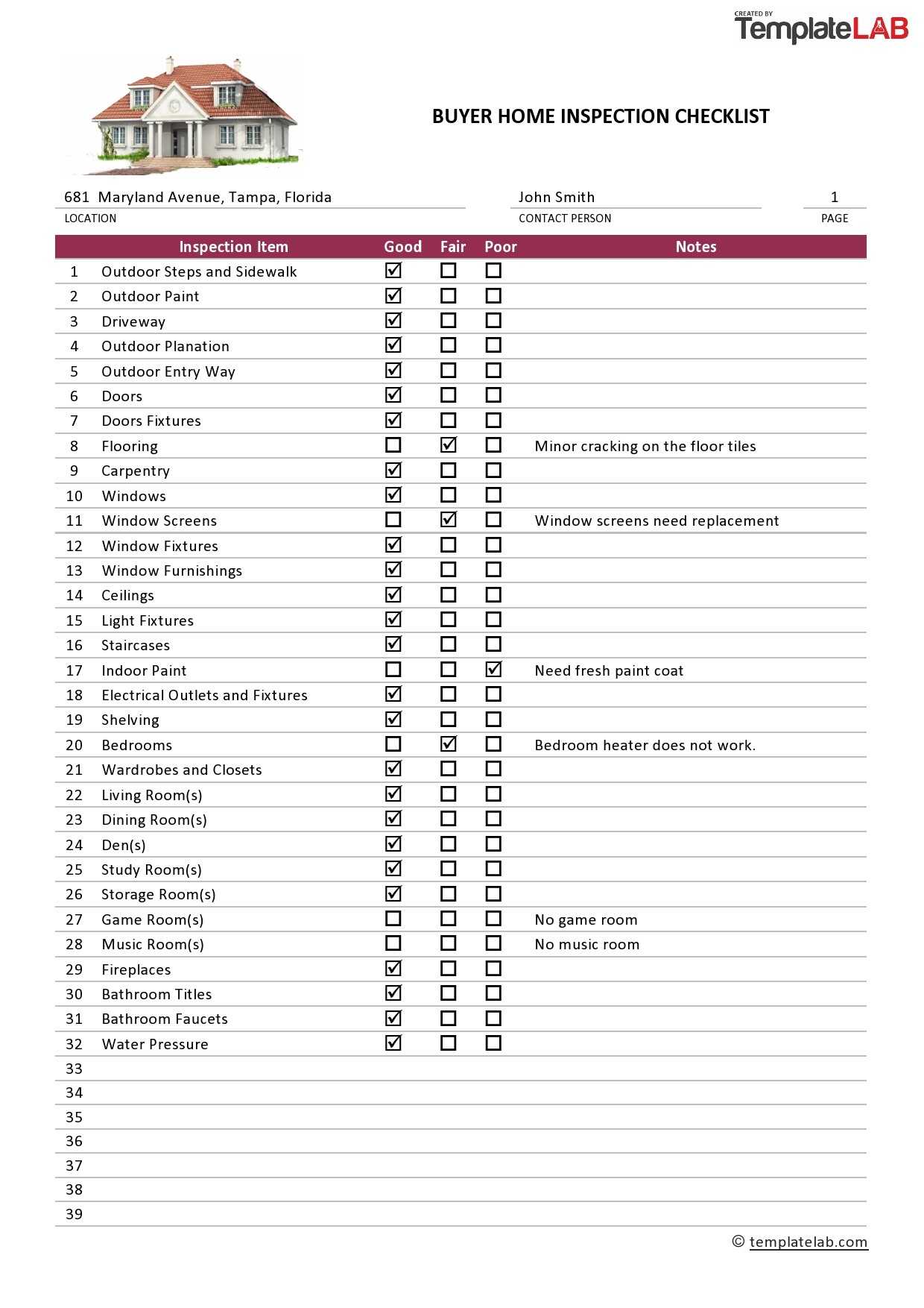 10+ Printable Home Inspection Checklists (Word, PDF) ᐅ TemplateLab For Home Inspection Checklist Template Inside Home Inspection Checklist Template