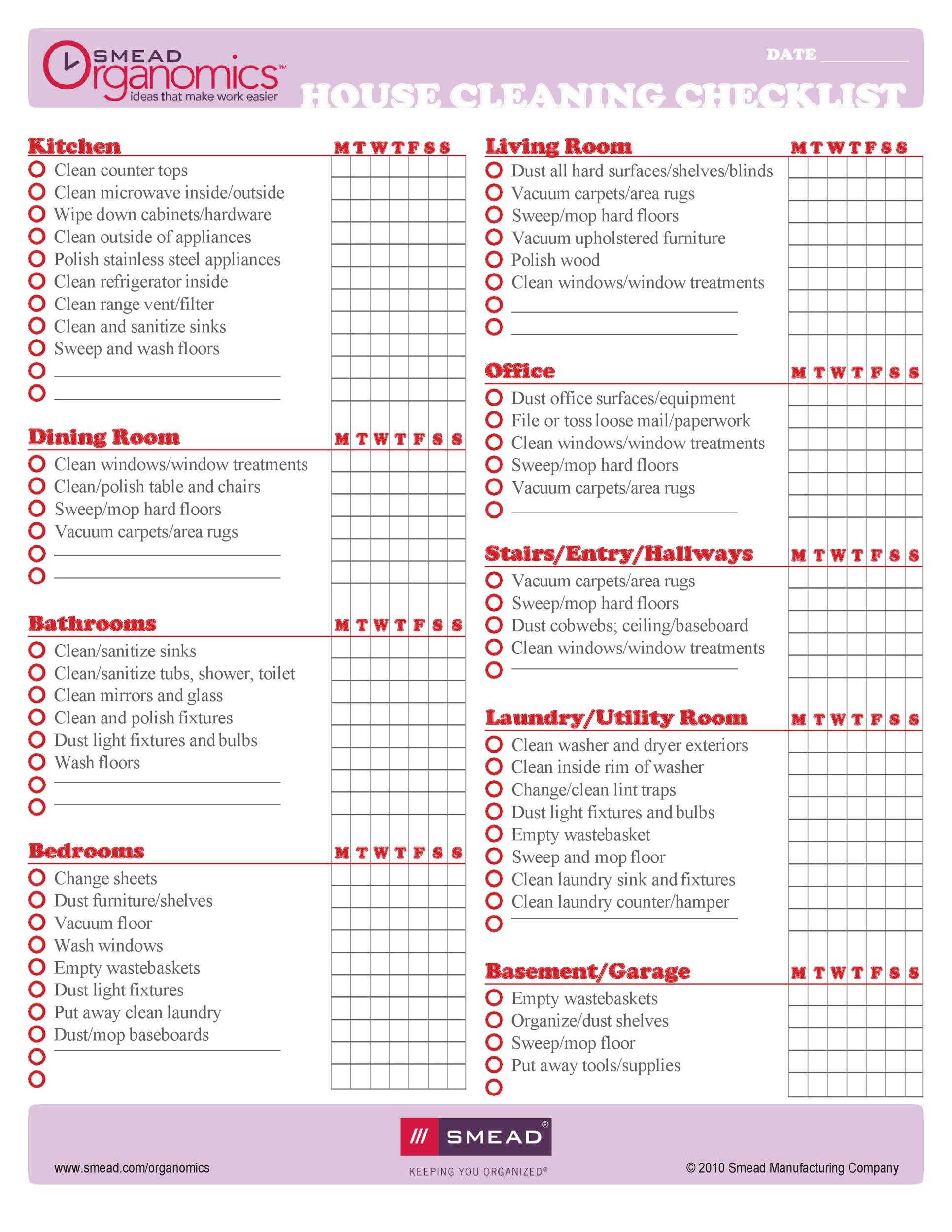 10 Printable House Cleaning Checklist Templates ᐅ TemplateLab With Home Cleaning Checklist Template Inside Home Cleaning Checklist Template