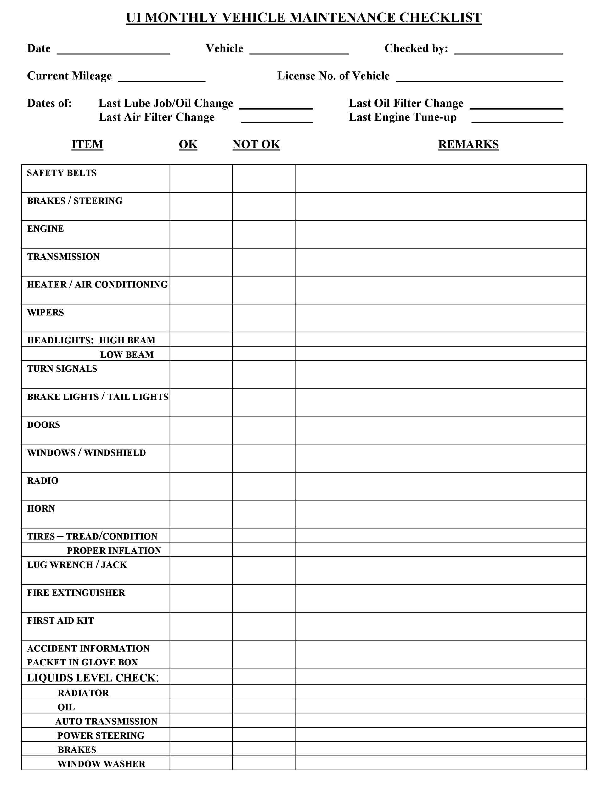 10 Printable Vehicle Maintenance Log Templates ᐅ TemplateLab For Auto Service Checklist Template Within Auto Service Checklist Template