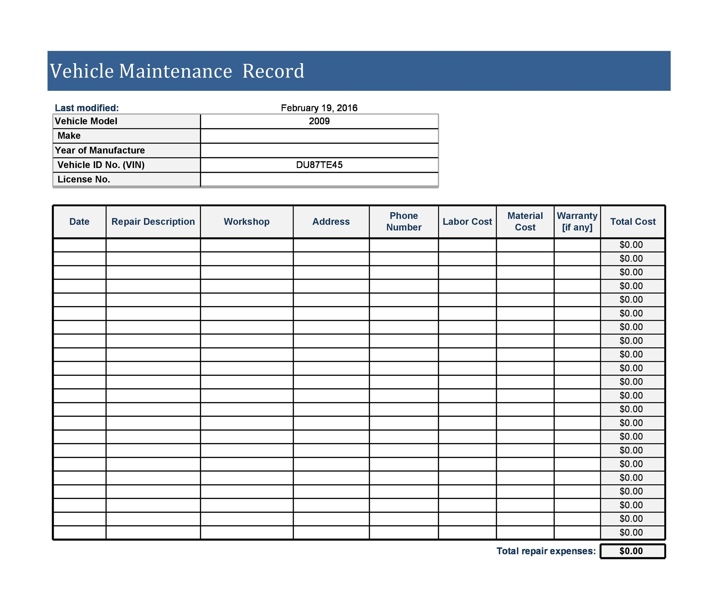 10 Printable Vehicle Maintenance Log Templates ᐅ TemplateLab Within Fleet Vehicle Maintenance Checklist Template Regarding Fleet Vehicle Maintenance Checklist Template