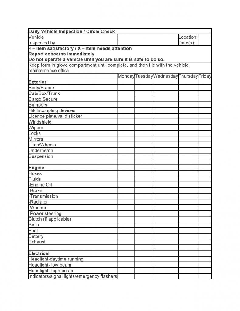 10+ Vehicle Checklist Templates in PDF  MS Word  Excel For Driver Vehicle Checklist Template With Driver Vehicle Checklist Template