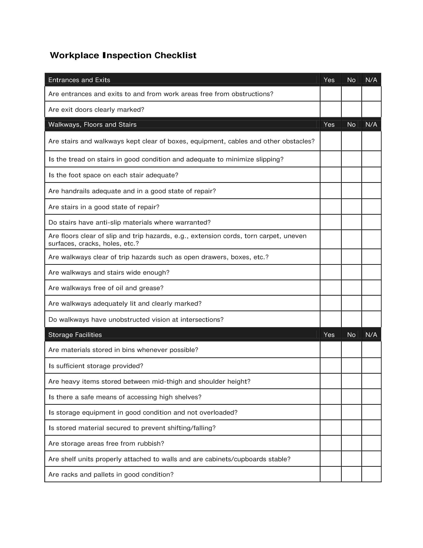 Workplace Safety Inspection Checklist Template