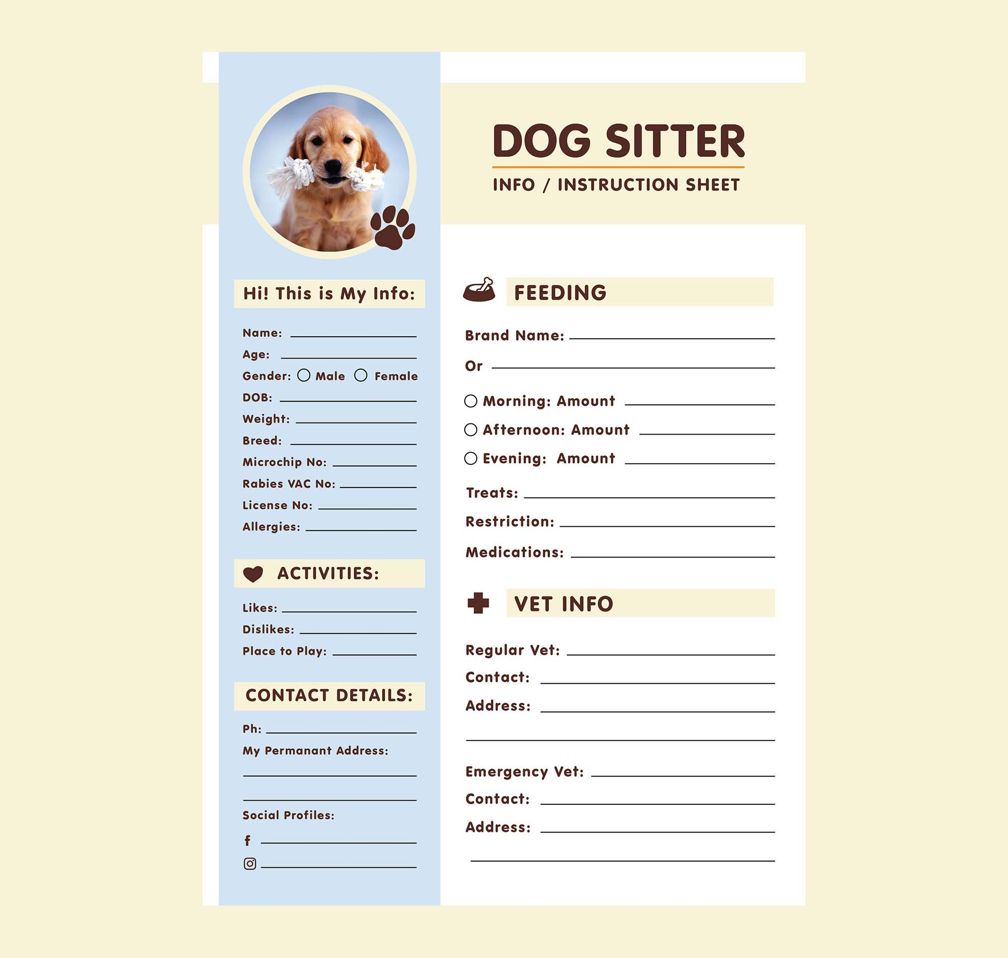 A10 Dog Sitter Information Sheet Template (AI) In Dog Sitting Flyer Template Throughout Dog Sitting Flyer Template