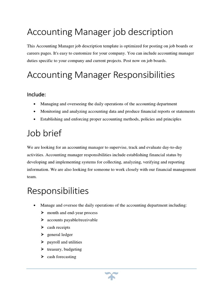Accounting Manager Job Description With Regard To Accounting Manager Job Description Template