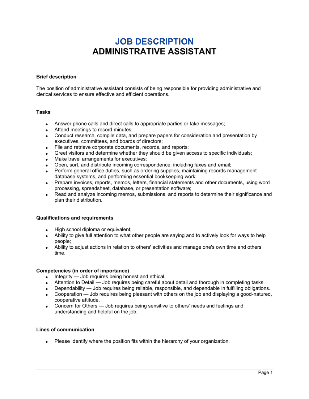 Administrative Assistant Job Description Template  by Business-in  Throughout Office Assistant Job Description Template With Office Assistant Job Description Template
