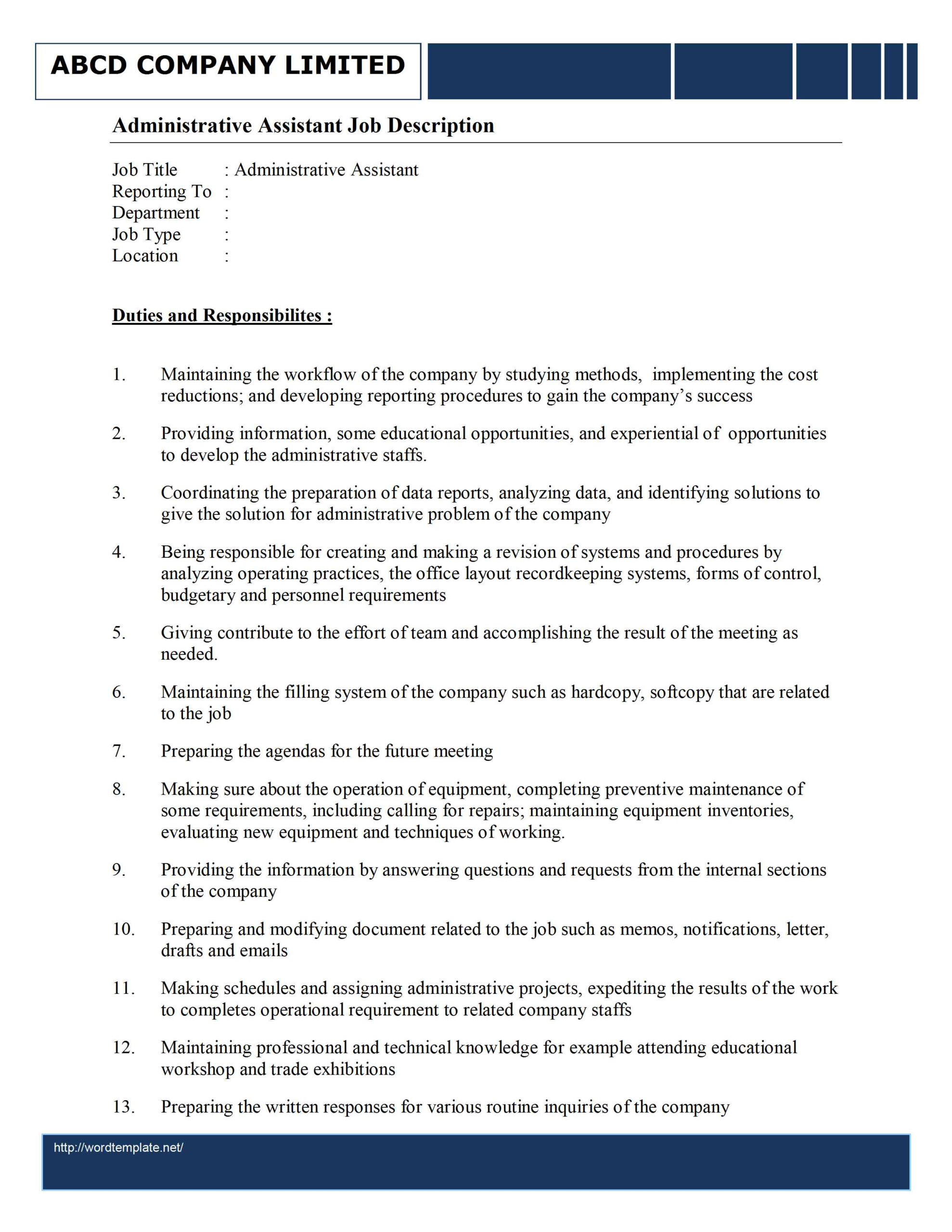 Administrative Assistant Job Description Template Within Executive Assistant Job Description Template