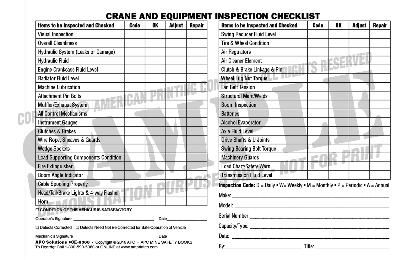 APC CE-10: Crane and Equipment Inspection Checklist Intended For Crane Inspection Checklist Template Intended For Crane Inspection Checklist Template