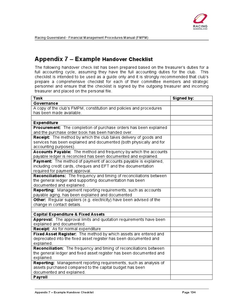Appendix-10-Example-Handover-Checklist-Aug-10 Pertaining To Accounts Payable Checklist Template
