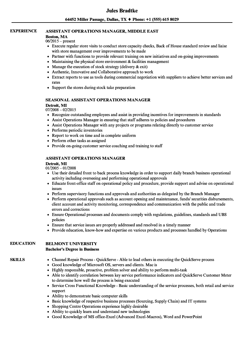 Assistant Operations Manager Resume Samples  Velvet Jobs Within Operations Director Job Description Template In Operations Director Job Description Template