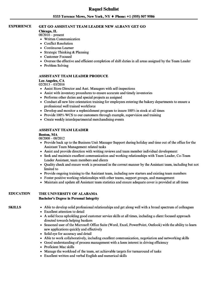 Assistant Team Leader Resume Samples  Velvet Jobs Throughout Team Leader Job Description Template