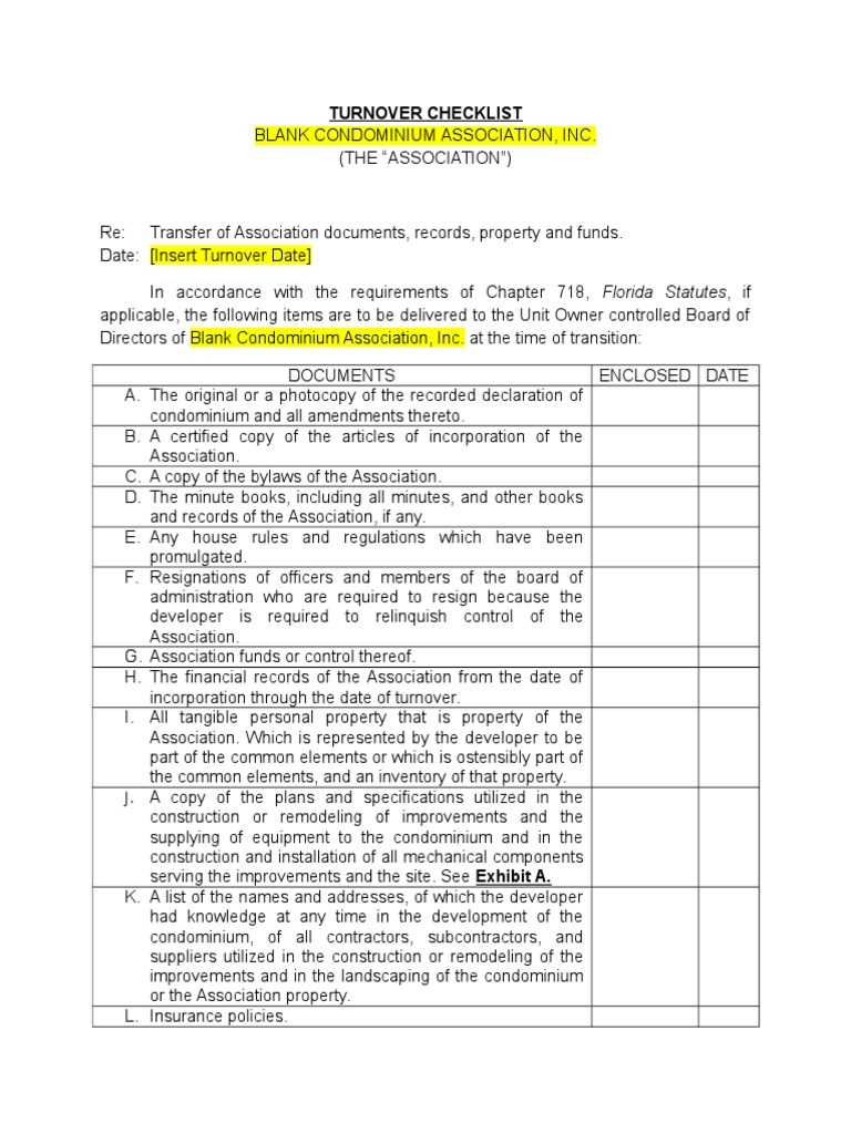 Association Turnover Checklist  Condominium  Limited Liability  Pertaining To Turnover Checklist Template Intended For Turnover Checklist Template