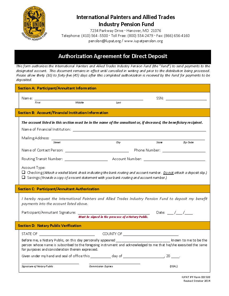 Authorization Agreement for Direct Deposit_US-10 - IUPAT Throughout Authorization Agreement For Direct Deposit Pertaining To Authorization Agreement For Direct Deposit