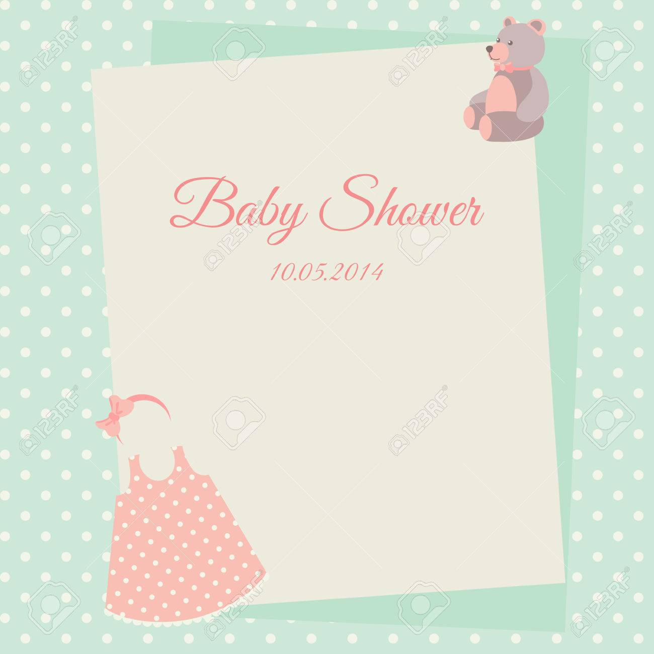 Baby shower invitation card template with dress and teddy bear With Regard To Baby Shower Invitation Flyer Template Pertaining To Baby Shower Invitation Flyer Template