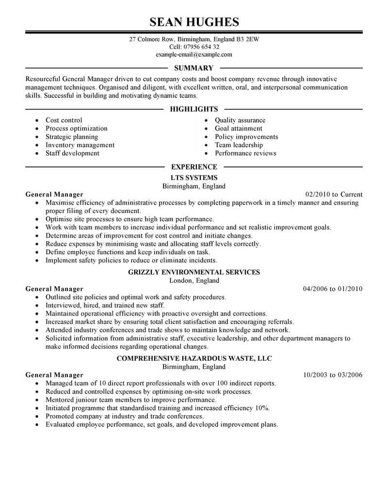 Best General Manager Resume Example From Professional Resume  With General Manager Job Description Template In General Manager Job Description Template