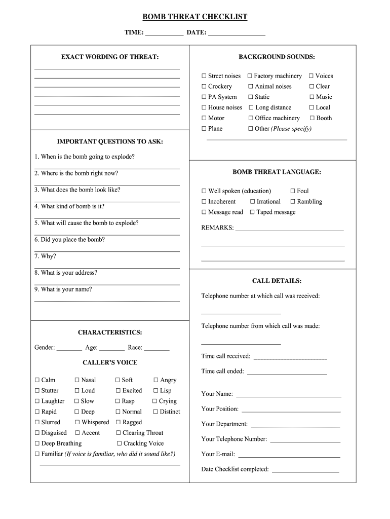 Bomb Threat Checklist Word Document - Fill Online, Printable, Fillable,  Blank  pdfFiller For Call Center Checklist Template For Call Center Checklist Template