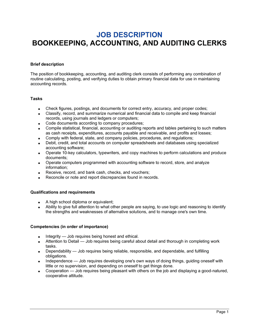 Bookkeeping, Accounting And Auditing Clerk Job Description  For Accounting Job Description Template