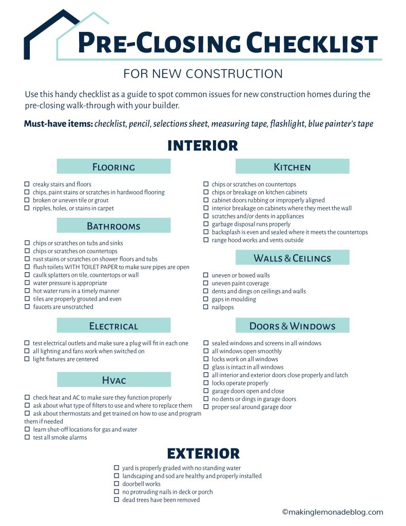 Building a House? Grab This Free Printable Pre-Closing Checklist  Pertaining To Home Construction Checklist Template Inside Home Construction Checklist Template