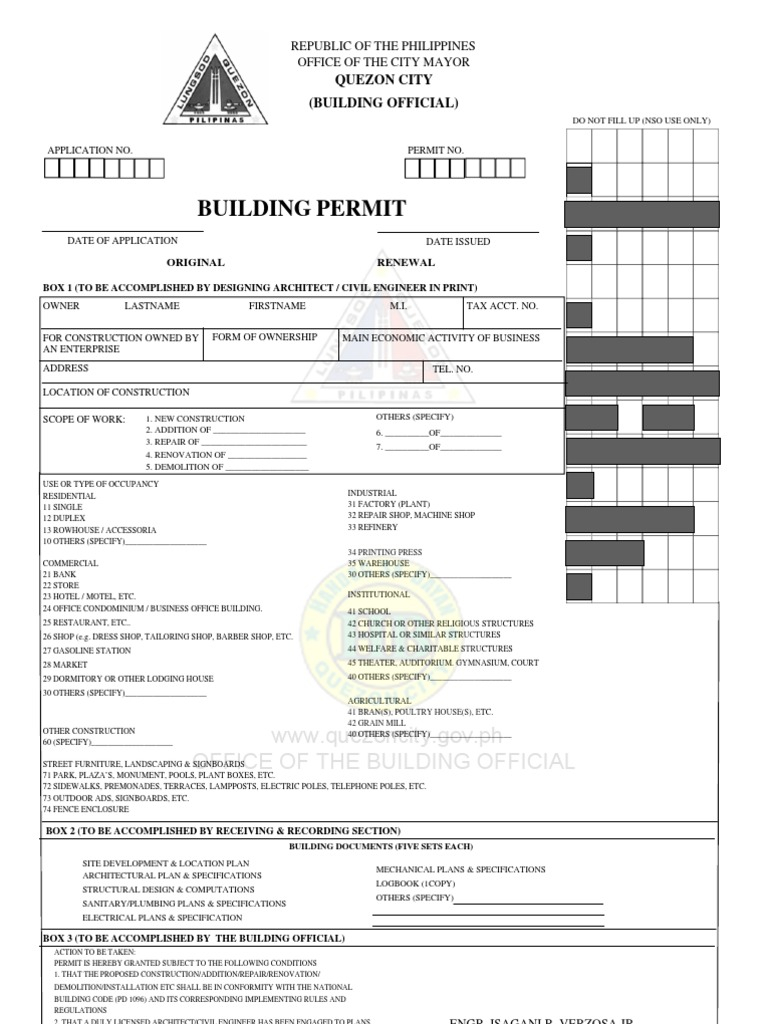 Building Permit Form Sample Quezon City  Specification (Technical  Intended For Building Permit Checklist Template Intended For Building Permit Checklist Template
