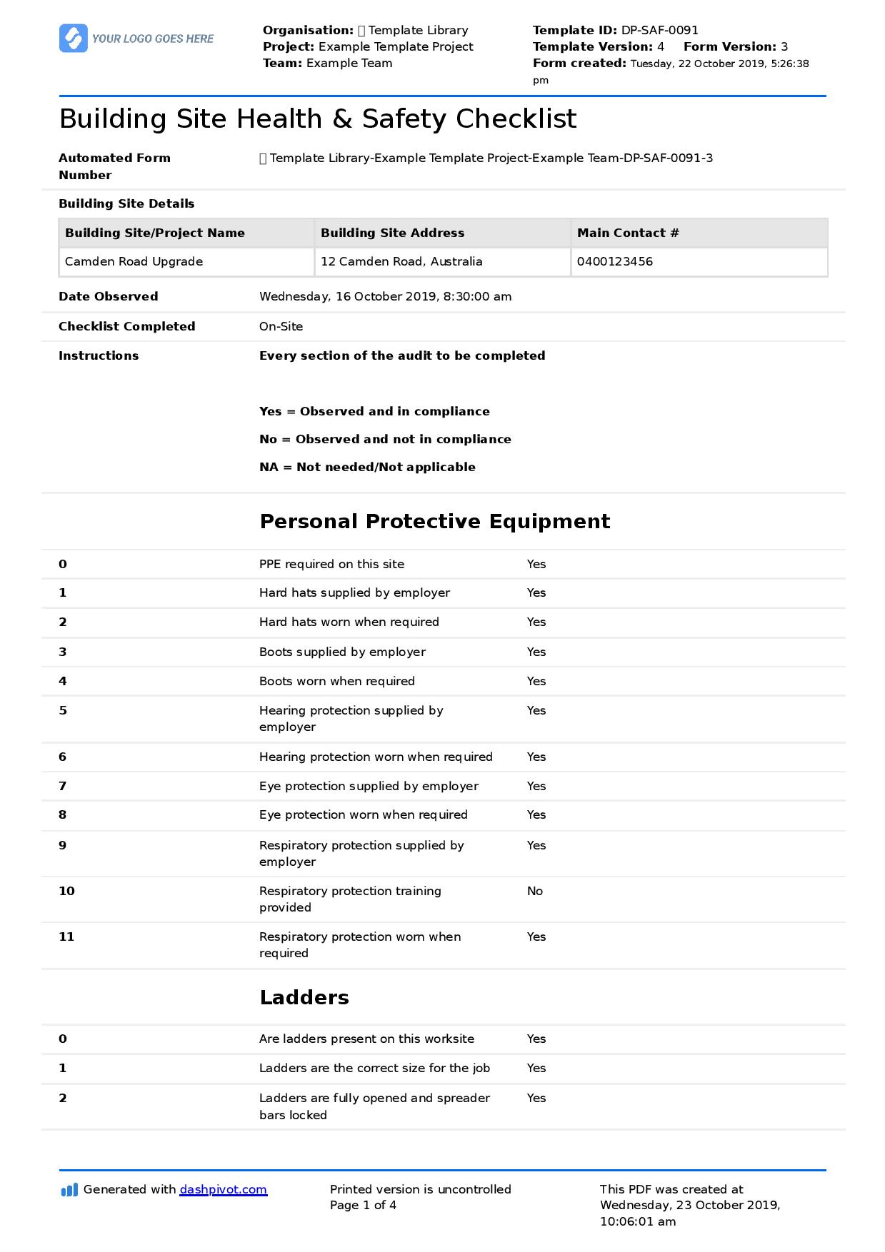 Building Site Health and Safety Checklist (Free template) Throughout Building Security Checklist Template With Building Security Checklist Template