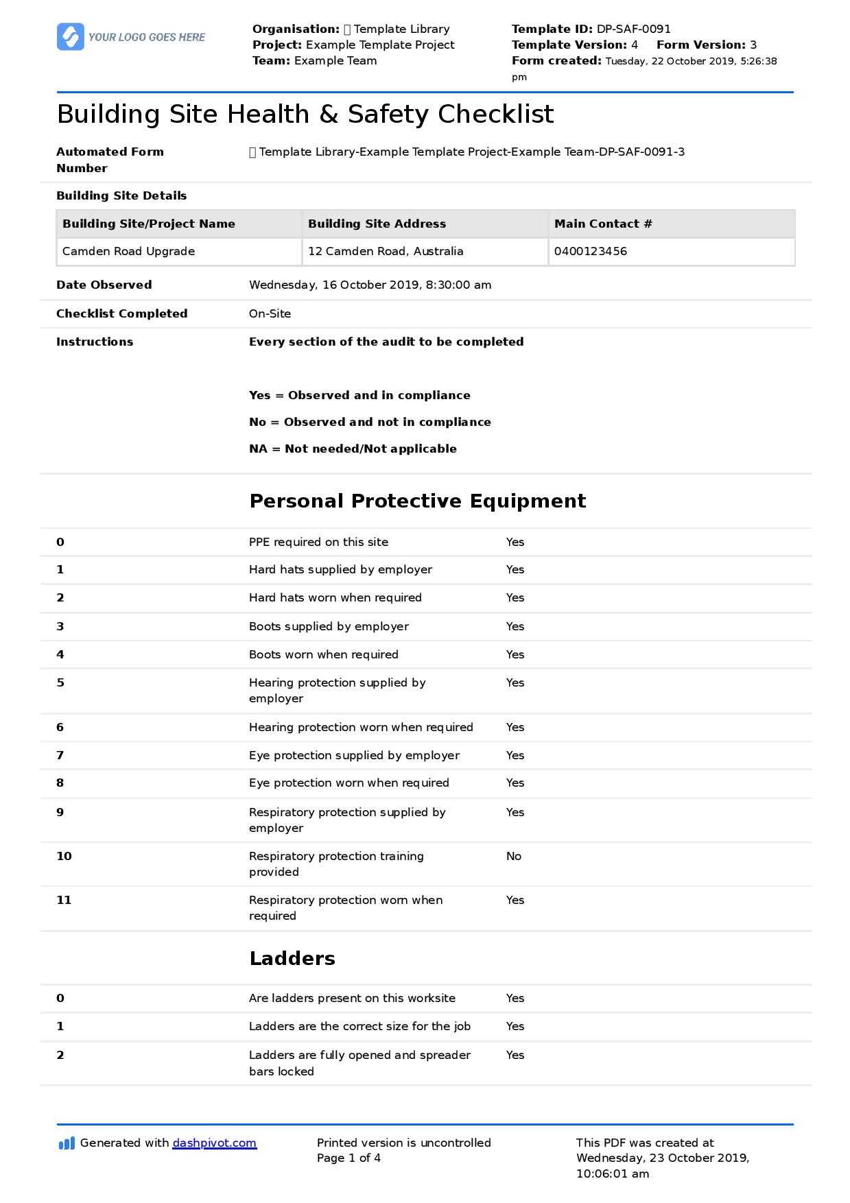 Building Site Health And Safety Checklist (Free Template) Throughout Building Security Checklist Template