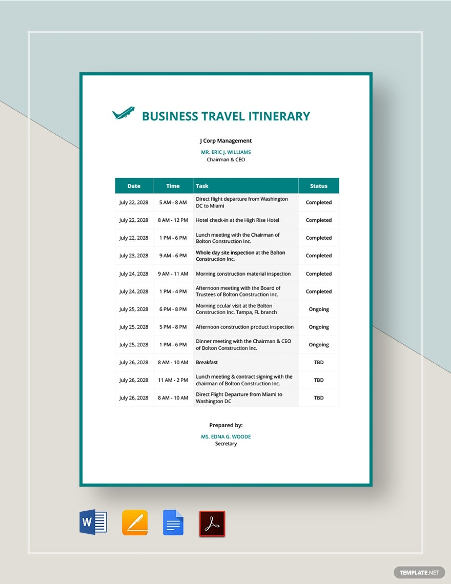 Business Travel Itinerary Template - 10+ (Word, Excel & PDF) With Travel Itinerary Template For Travel Agent With Travel Itinerary Template For Travel Agent