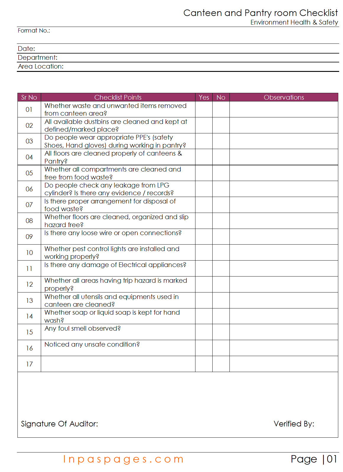 Canteen And Pantry Room Checklist In Housekeeping Inspection Checklist Template 