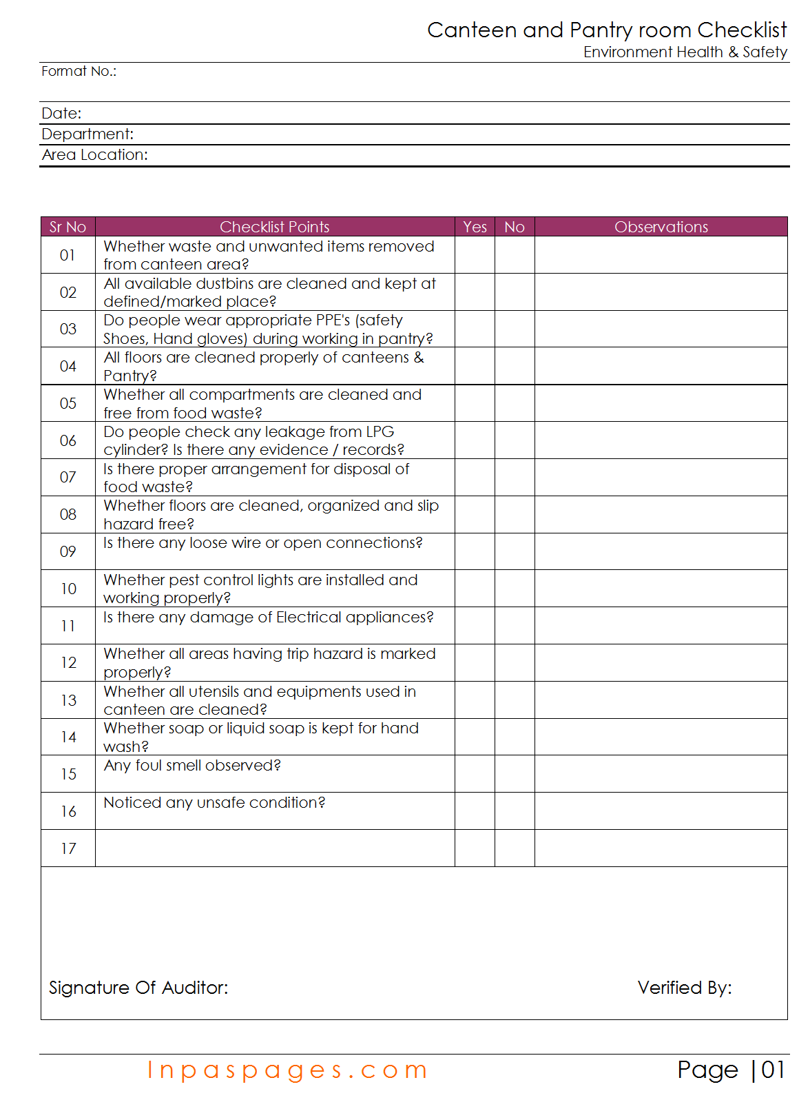 Canteen and Pantry Room checklist Within Food Safety Inspection Checklist Template Regarding Food Safety Inspection Checklist Template