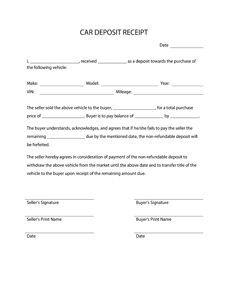 Car Deposit Receipt - Fill Online, Printable, Fillable, Blank  In Vehicle Deposit Agreement Form Inside Vehicle Deposit Agreement Form