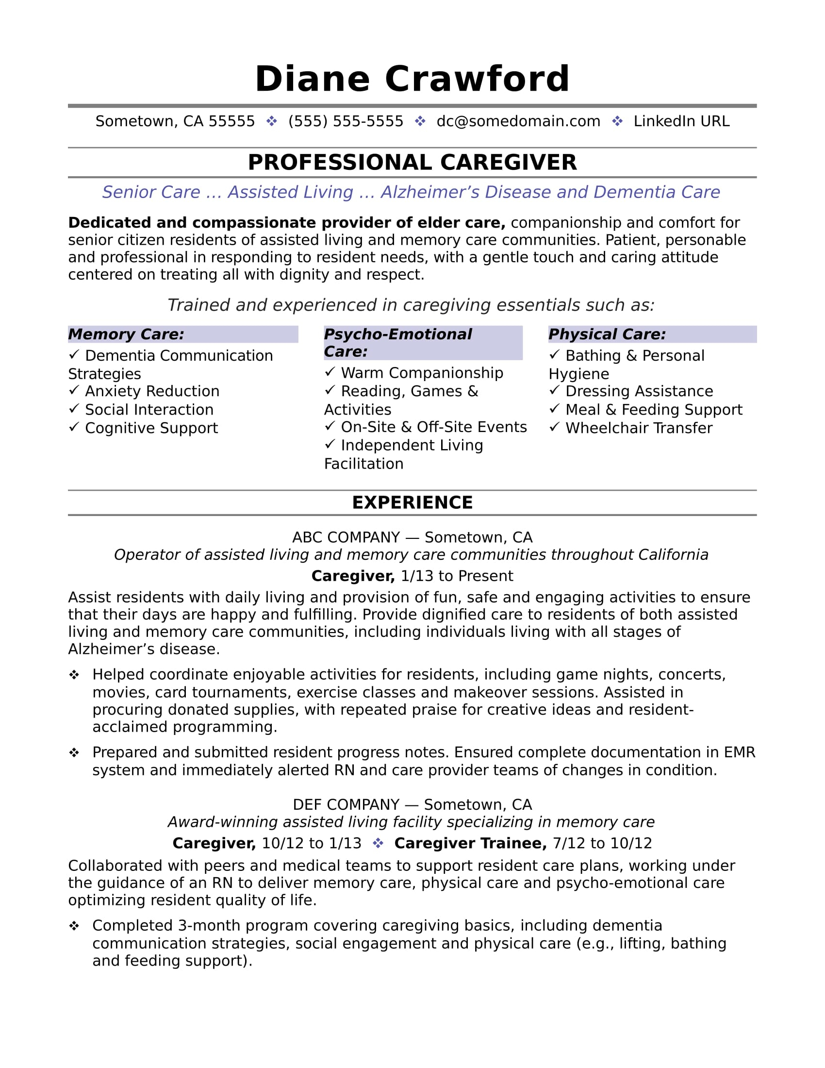 Caregiver Resume Sample  Monster Within Caregiver Job Description Template
