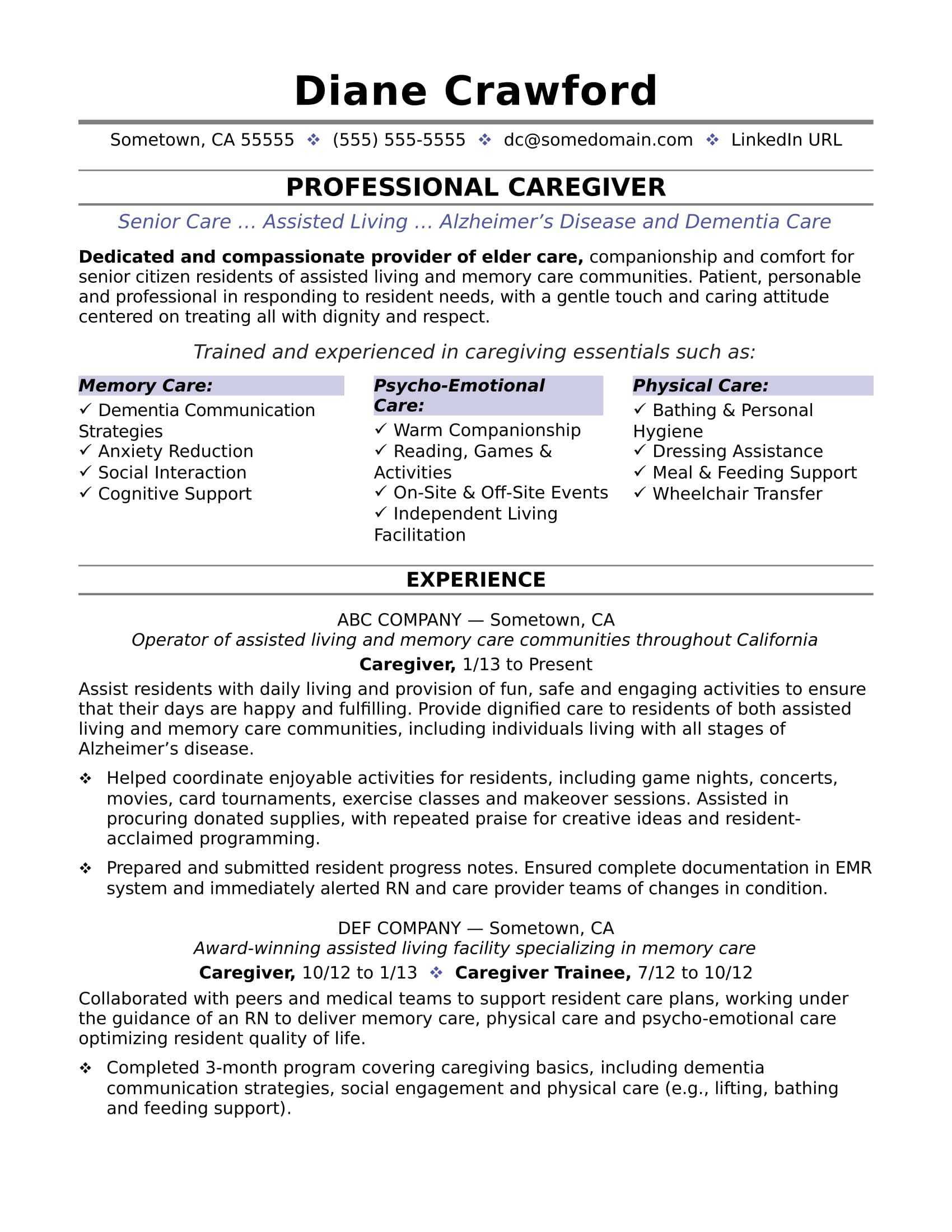 Caregiver Resume Sample  Monster Within Caregiver Job Description Template