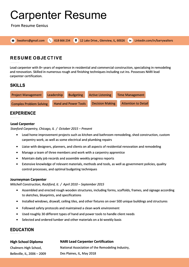 Carpenter Resume Sample & Writing Tips  Resume Genius Inside Carpenter Job Description Template Inside Carpenter Job Description Template