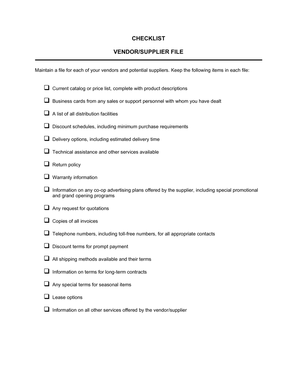 Checklist Vendor and Supplier File Template  by Business-in-a-Box™ For New Vendor Checklist Template In New Vendor Checklist Template