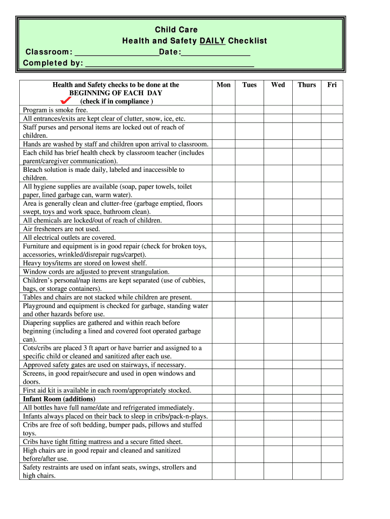 Child Daily Checklist – Fill Online, Printable, Fillable, Blank  PdfFiller In Child Care Safety Checklist Template